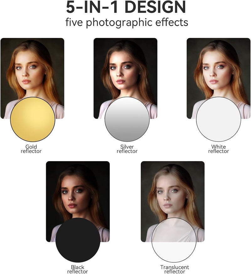 UTEBIT 43"/110cm Photography Reflector with Stand & Clamp, Collapsible Light Reflector with Bag 5 in 1 Multi Disc Translucent/Silver/Gold/White/Black Photography Reflector for Studio&Outdoor Lighting - Image 2
